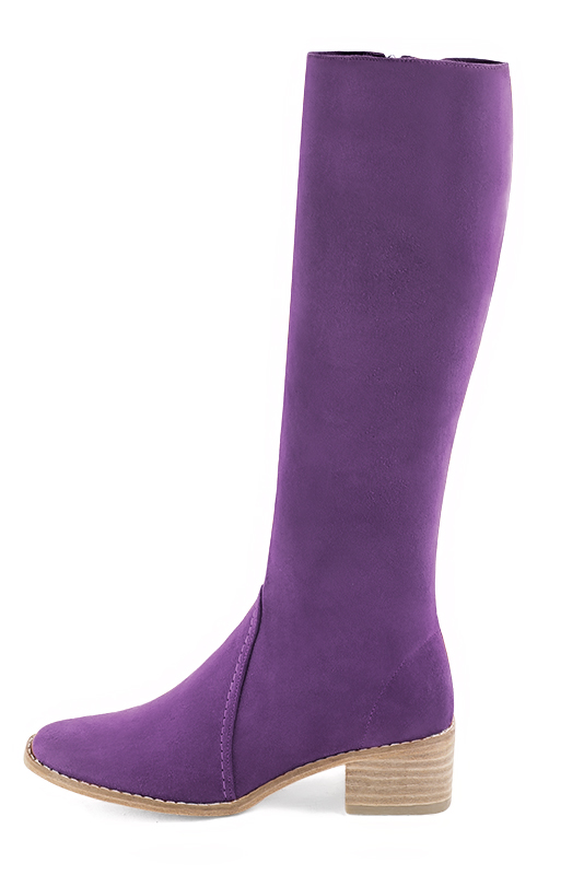 Amethyst purple women's riding knee-high boots. Round toe. Low leather soles. Made to measure. Profile view - Florence KOOIJMAN